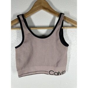 Calvin Klein Sports Bra Womens Small Pink Ribbed Logo Performance Crop Top